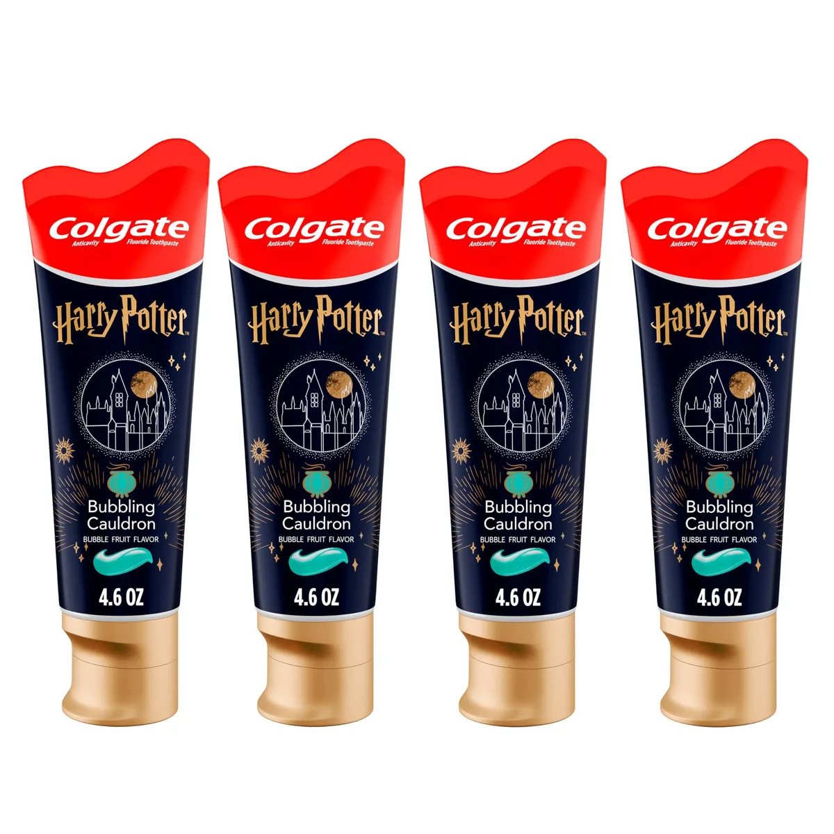 Four 4.6 oz tubes of Harry Potter bubblegum fluoride toothpaste
