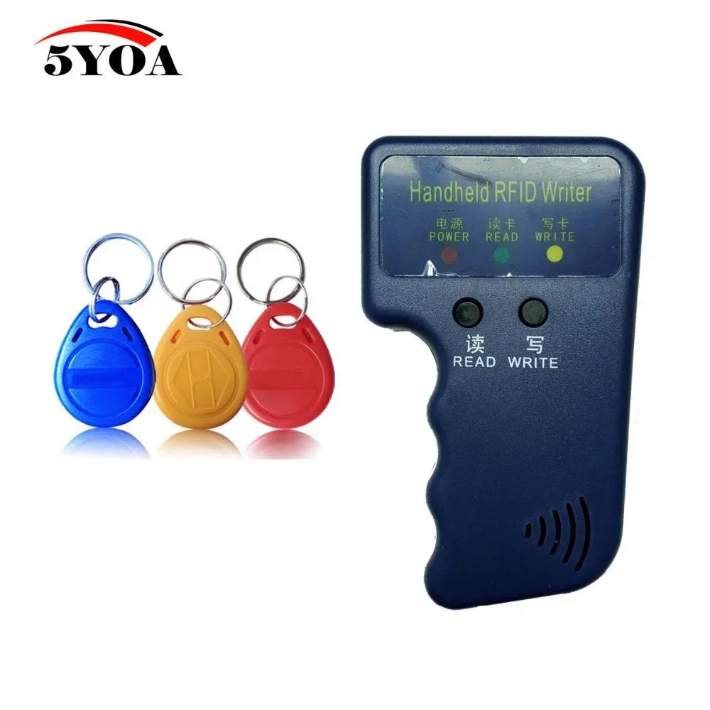 Handheld RFID copier with three keyfobs attached