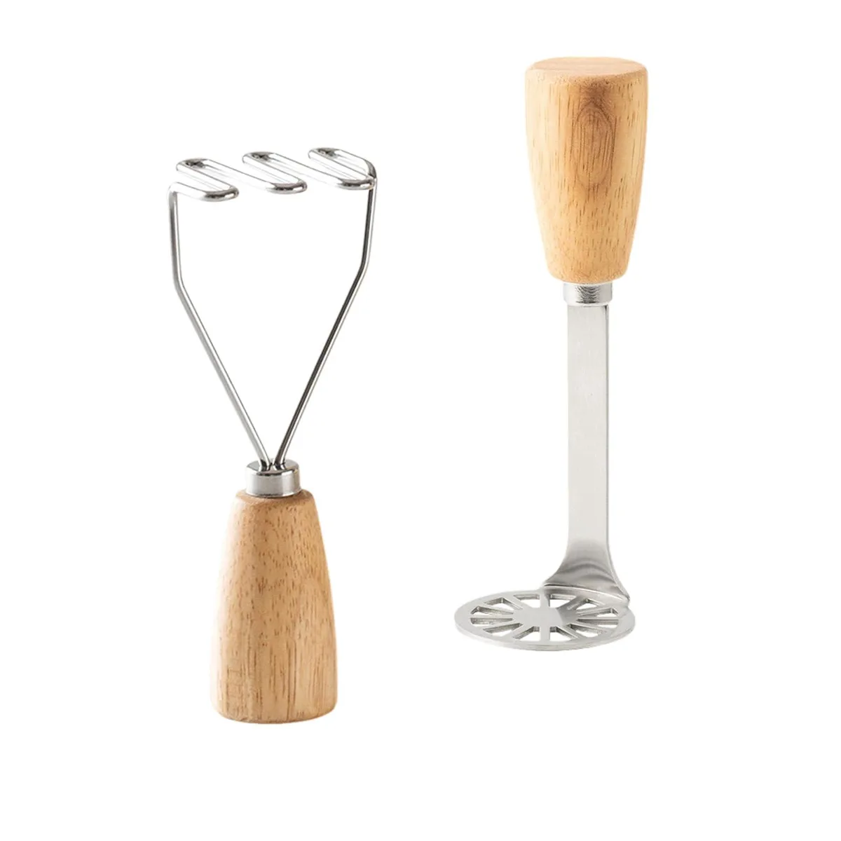 Two small stainless steel mashers with wooden handles, one ricer head and one grid head