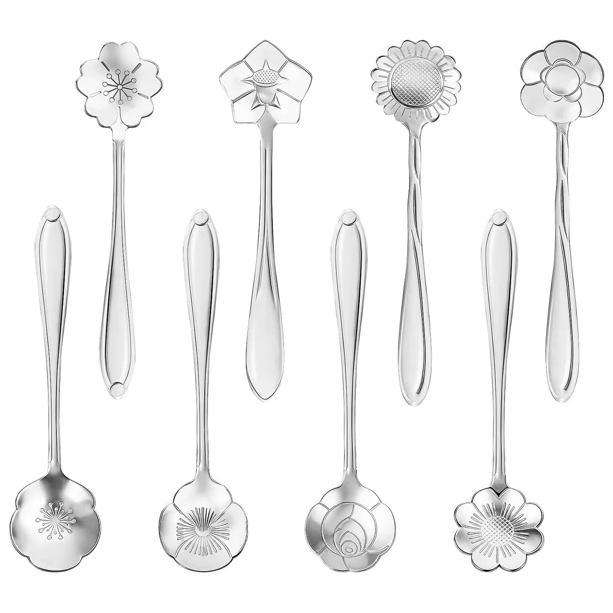 Eight silver stainless steel flower tea spoons with unique floral handle designs lying on a surface