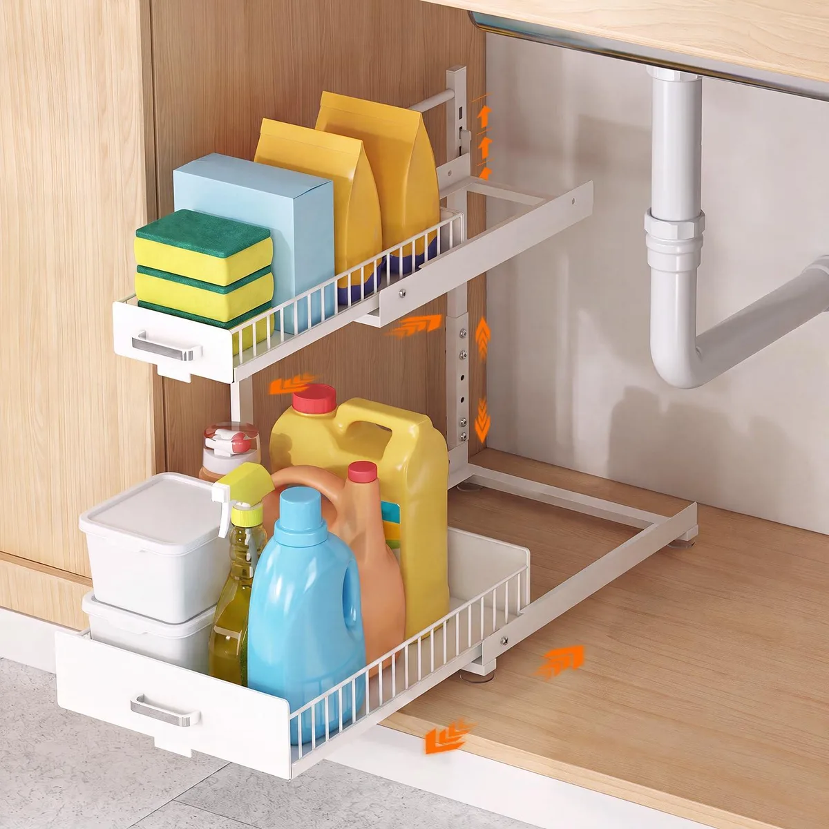 White two-tier sliding under-sink organizer with L-shaped frame, height-adjustable shelves and four wheels per tier