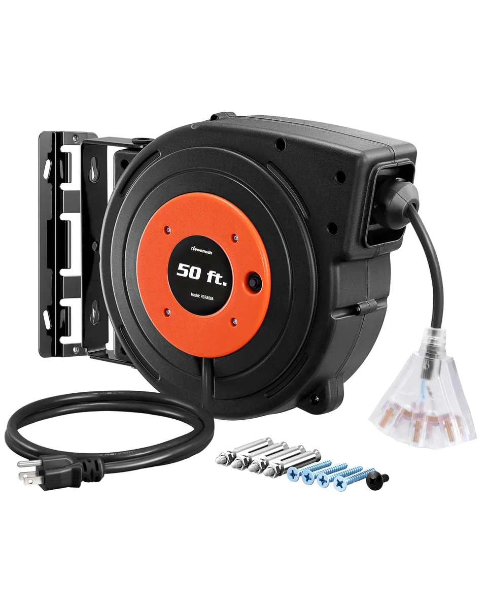 Retractable Extension Cord Reel 50 FT 14AWG 3 Outlet 13A UL HCRA50A — product photo