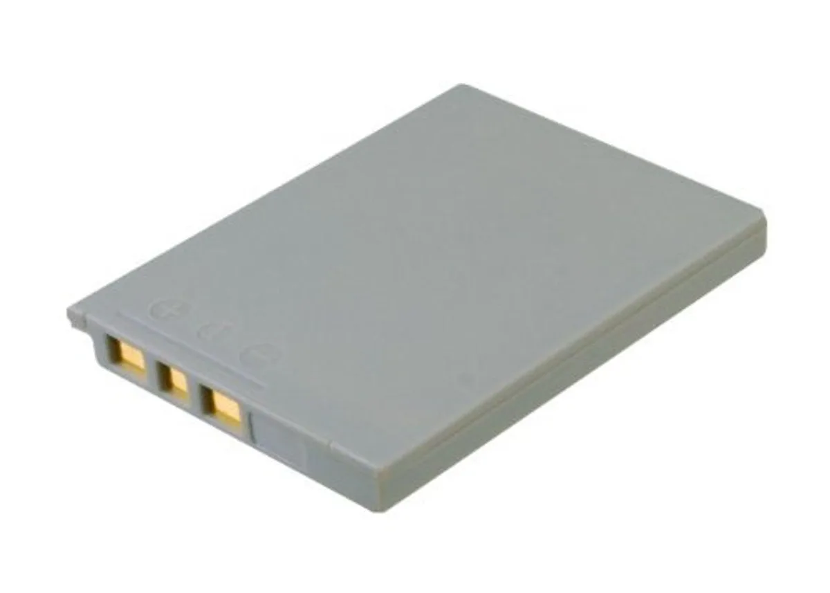 Small rectangular lithium-ion camera battery, grey finish, 46.6 by 35.3 by 5 mm, 16 g