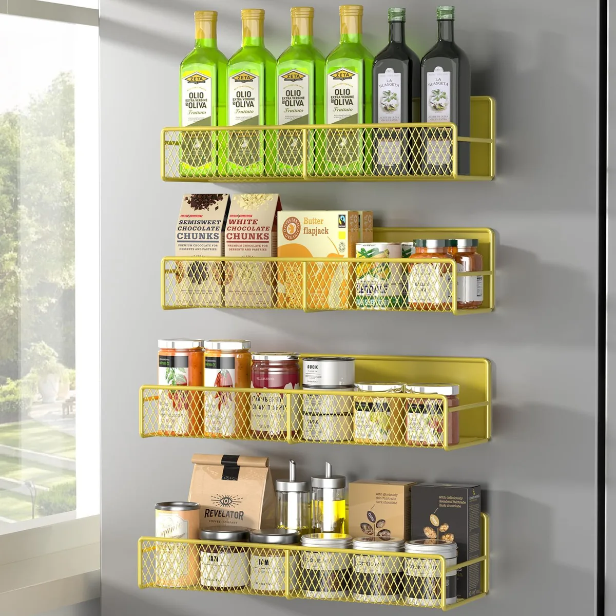 Four red metal spice racks with diamond-grid shelves and magnetic backs