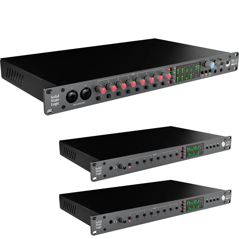 Two rackmount audio interfaces in silver finish with front-panel controls and rear connections
