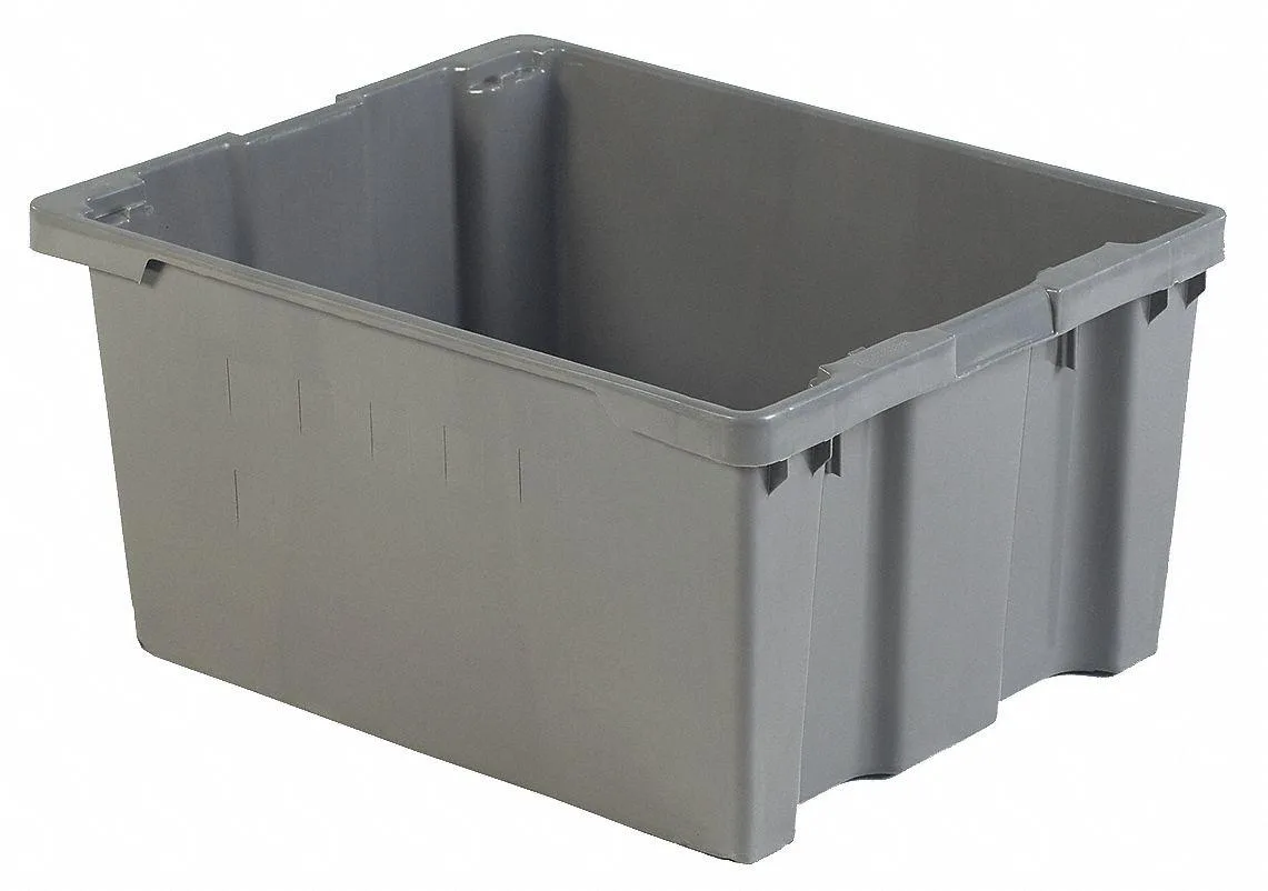 Gray rectangular plastic storage bin with open top and reinforced corners