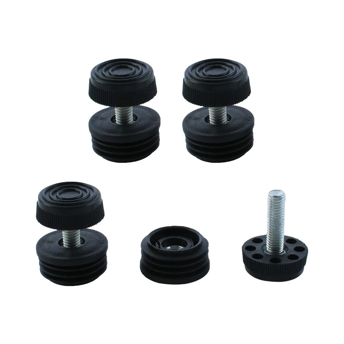 Four black plastic tube inserts with threaded metal stems and adjustable feet