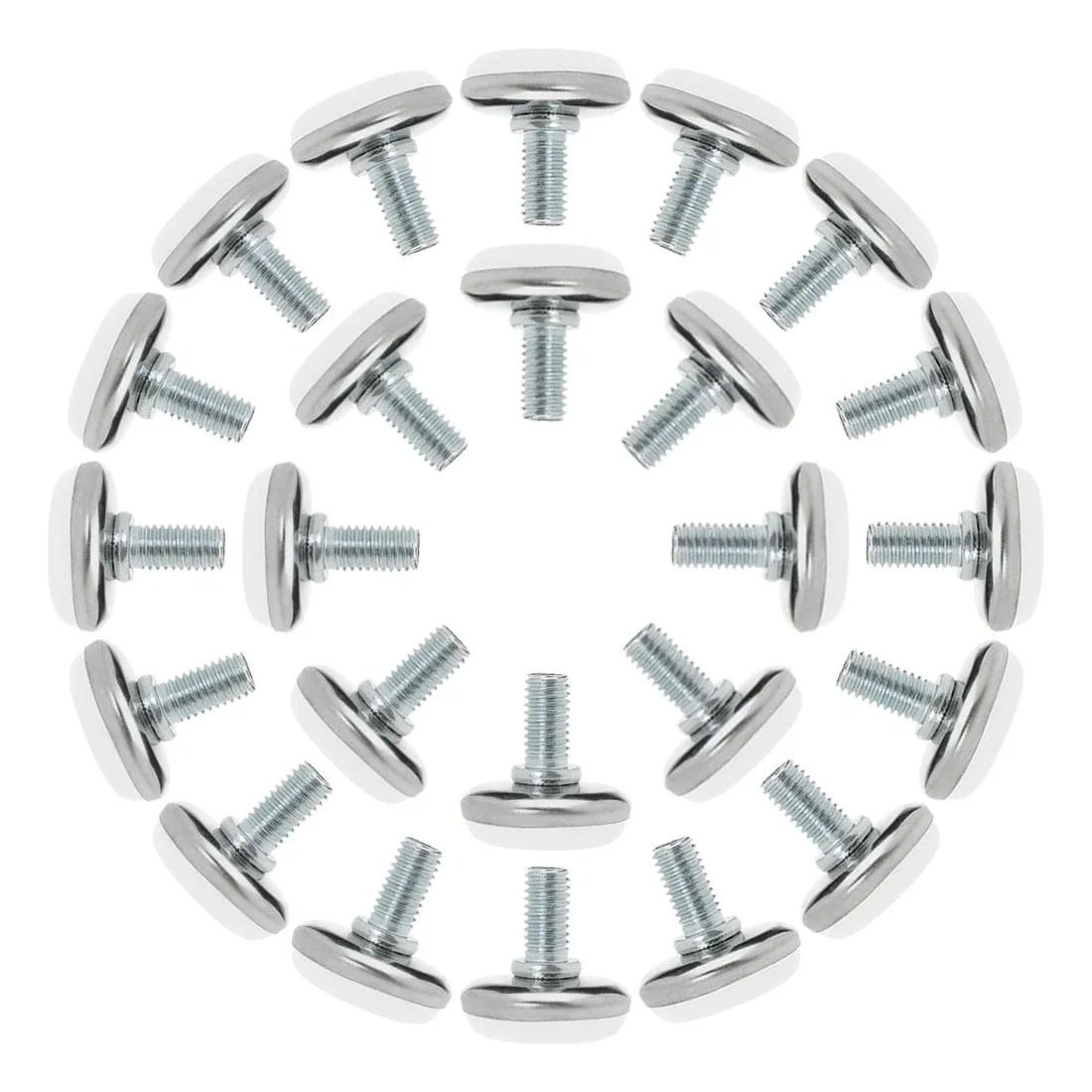 Silver metal threaded stems with black plastic bases, twenty-four pieces shown together