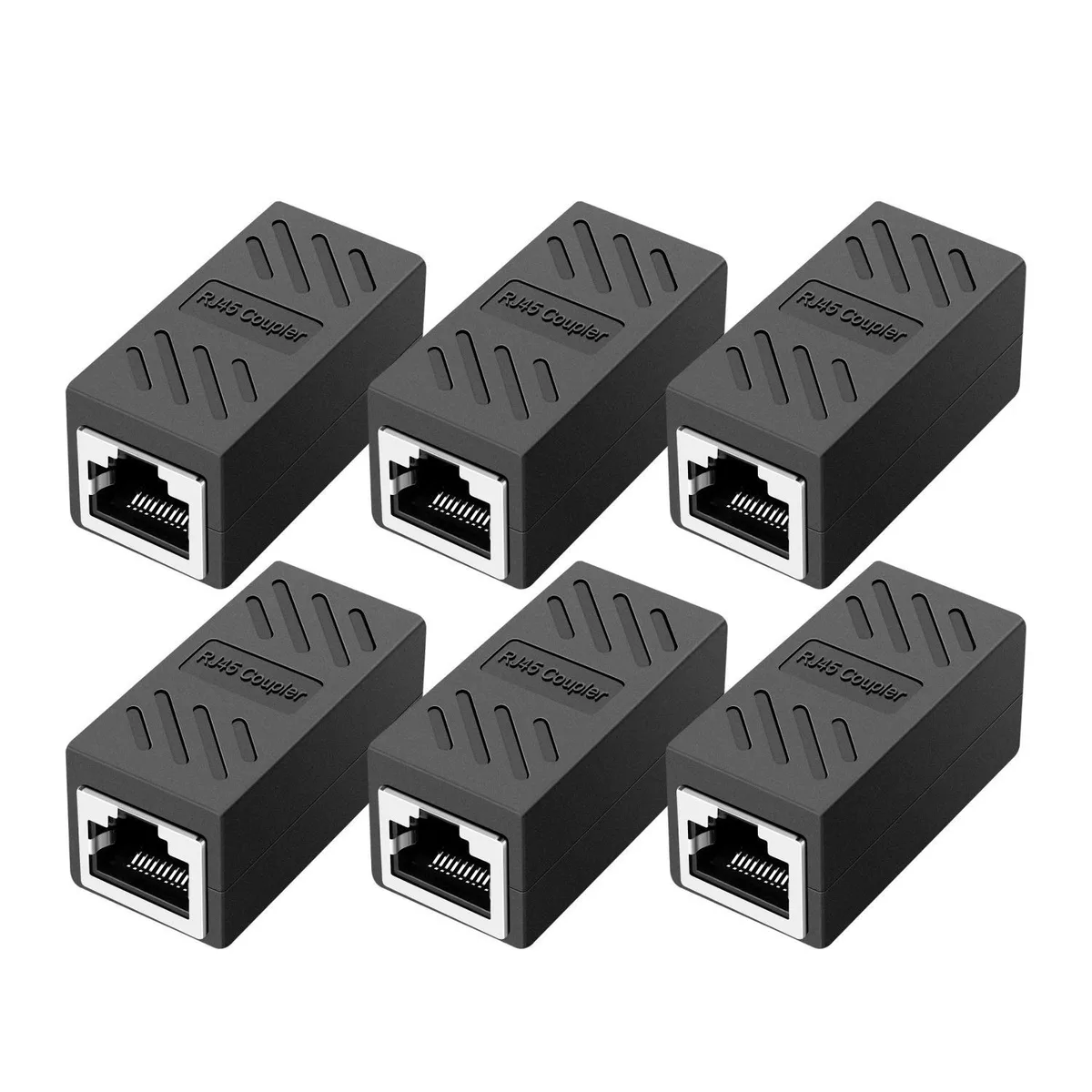 Six black RJ45 female-to-female inline couplers