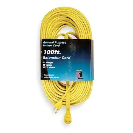 Flat yellow PVC indoor extension cord 100 ft 12 AWG single NEMA 5-15R outlet straight plug