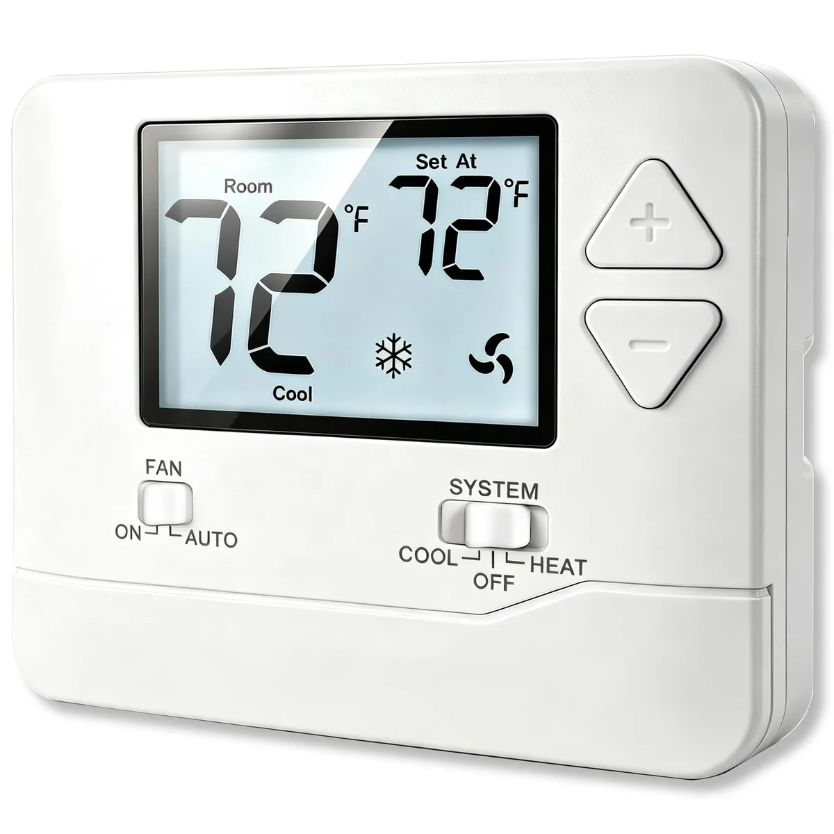 Twelve white wall thermostats with backlit LCD screens and mounting hardware