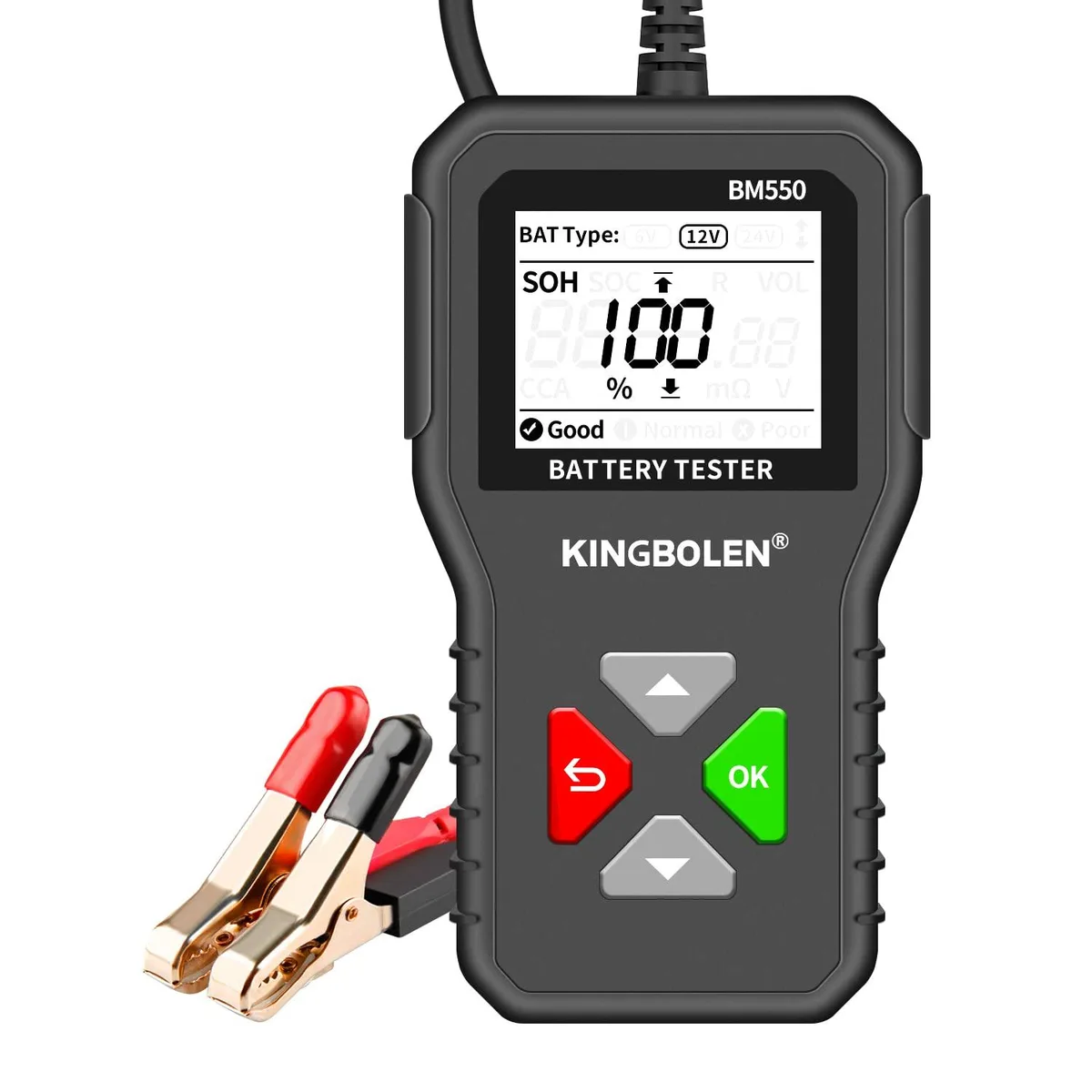 Handheld battery tester with 1.8-inch screen and clamps