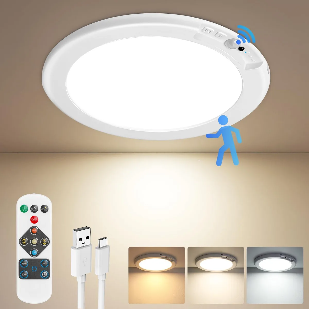 White round LED ceiling light with magnetic mount and remote control