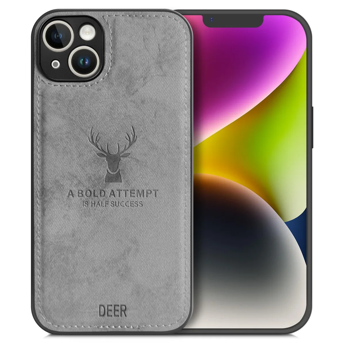 Gray TPU bumper case with soft cloth back featuring a deer pattern for iPhone 14 Plus