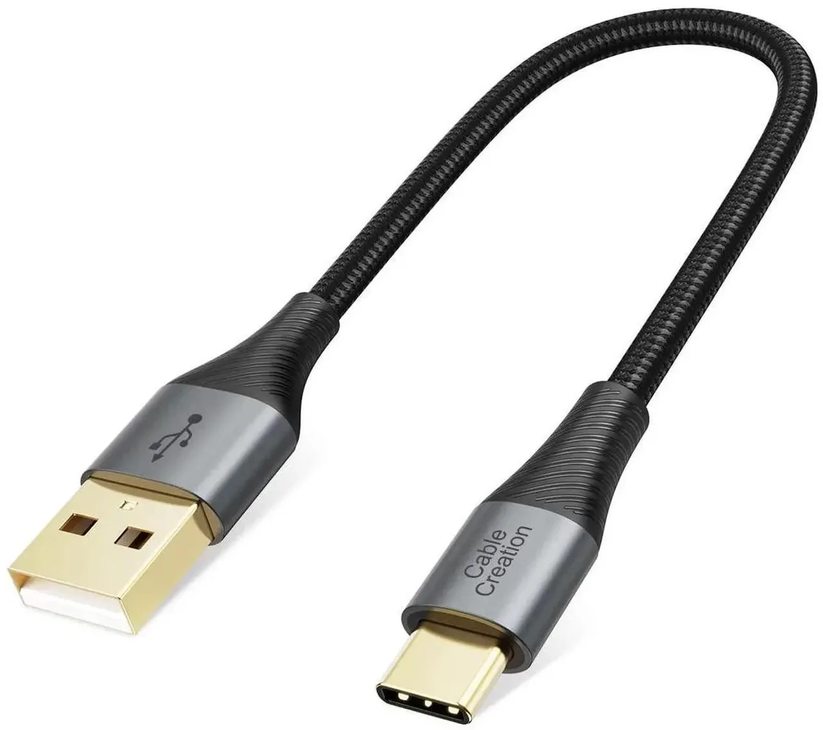Short braided USB-A to USB-C cable with gold-plated connectors
