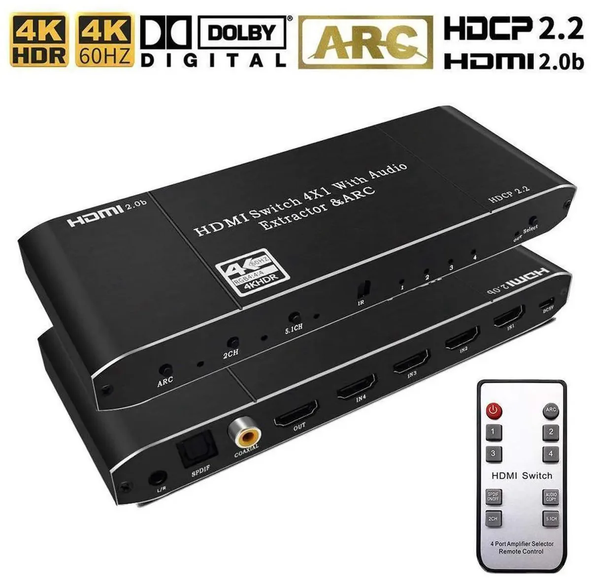 SMUGDESK SMUGDESK 4×1 HDMI 2.0 Switch 4K@60Hz 18Gbps ARC Audio Extractor — product photo