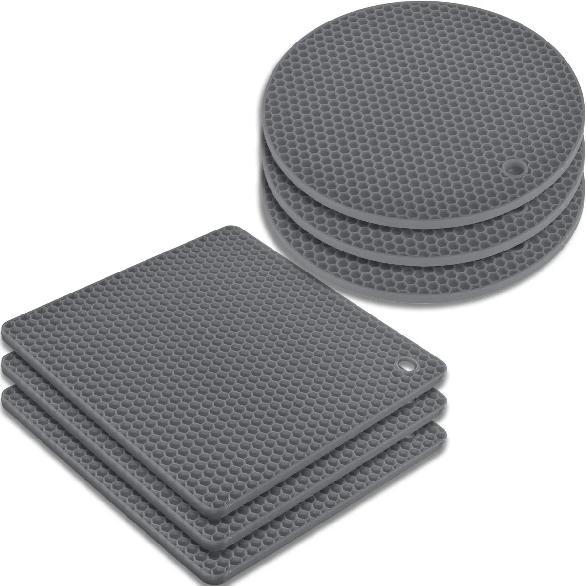 Six grey square silicone mats with honeycomb texture and hanging holes