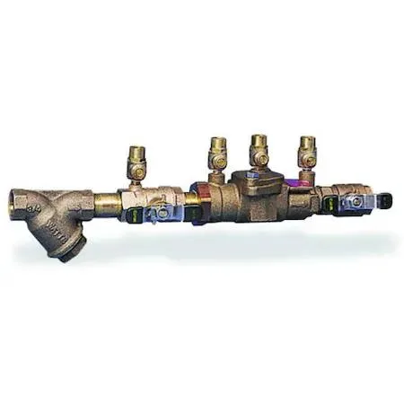 Bronze double check valve assembly with quarter-turn handles, NPT connections, 31 1/2 in length