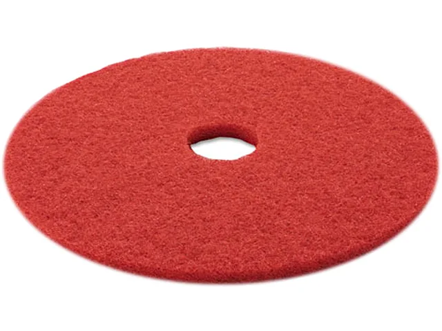 Five red 20-inch circular floor buffer pads in a carton