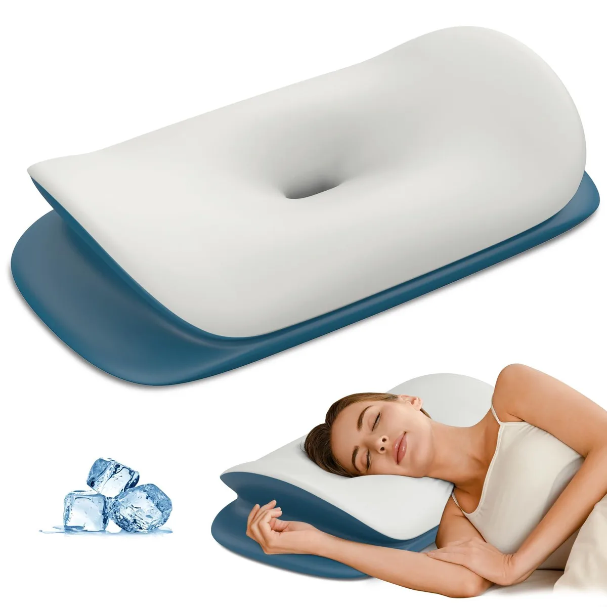 Grey and blue contour memory foam pillow with ergonomic boat shape