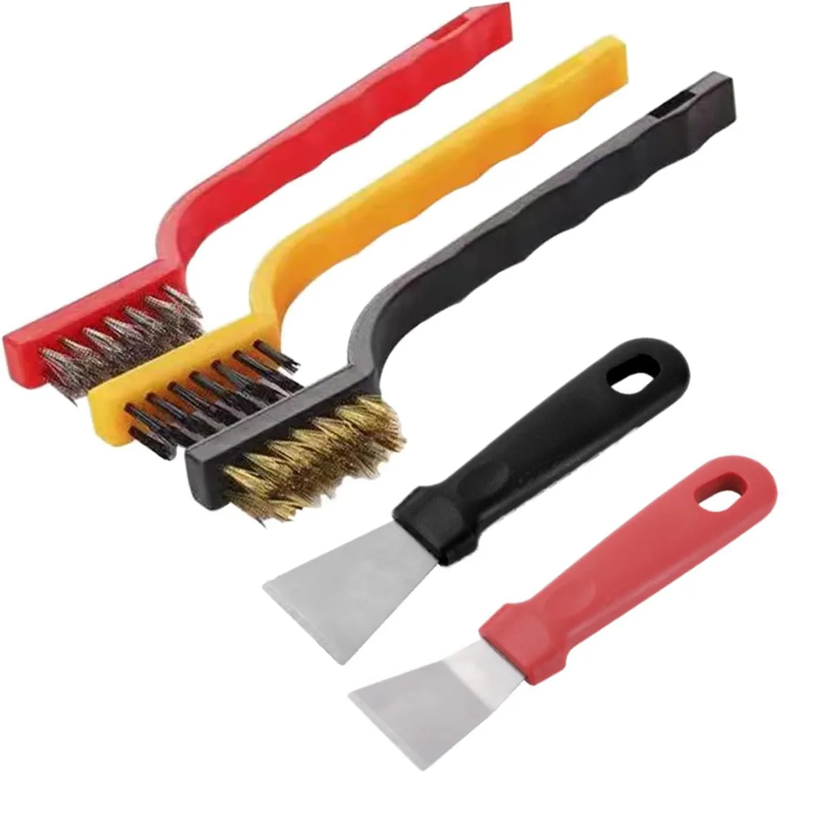 Five-piece kitchen cleaning kit with scraper and brass, steel, nylon brush heads