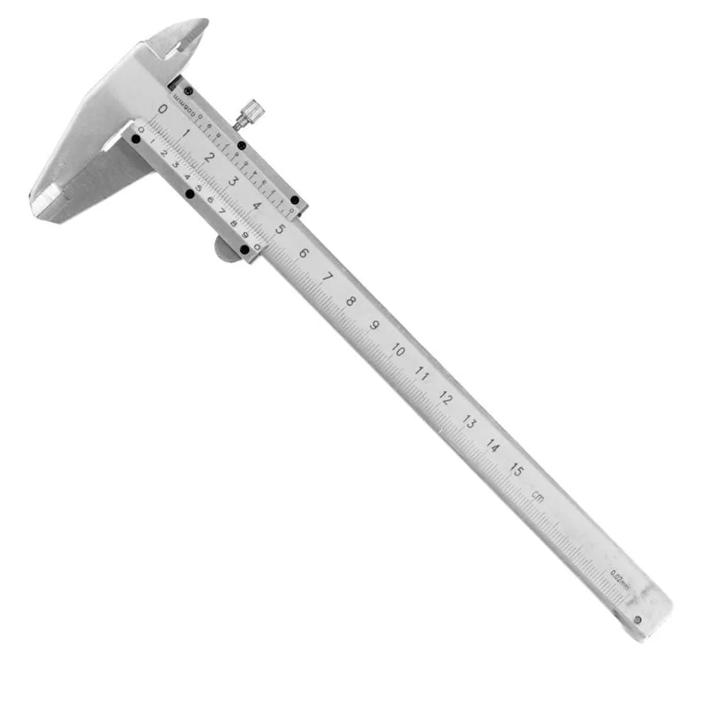 Carbon steel vernier caliper with 150mm range and .02mm accuracy in plastic case