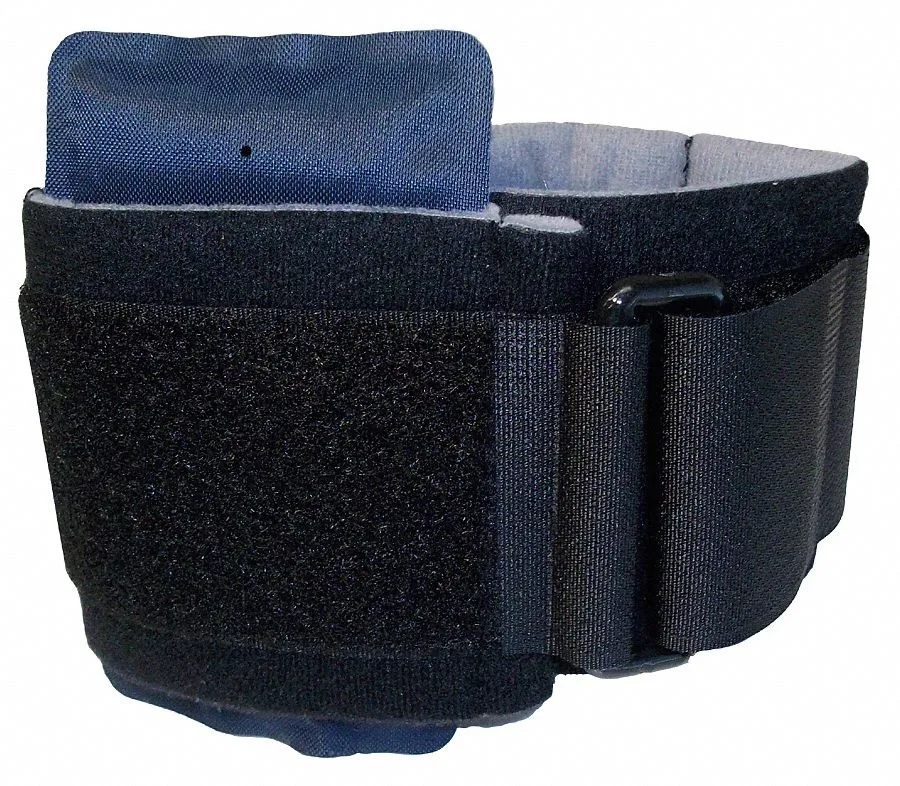 Black and blue fabric elbow support with single hook-and-loop strap