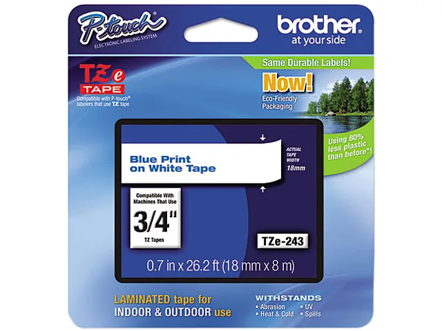 Brother Brother TZE243 pos accessory tape .75in 26.2ft Blue on White — product photo