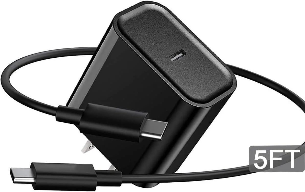 White USB-C wall charger with matching five-foot cable