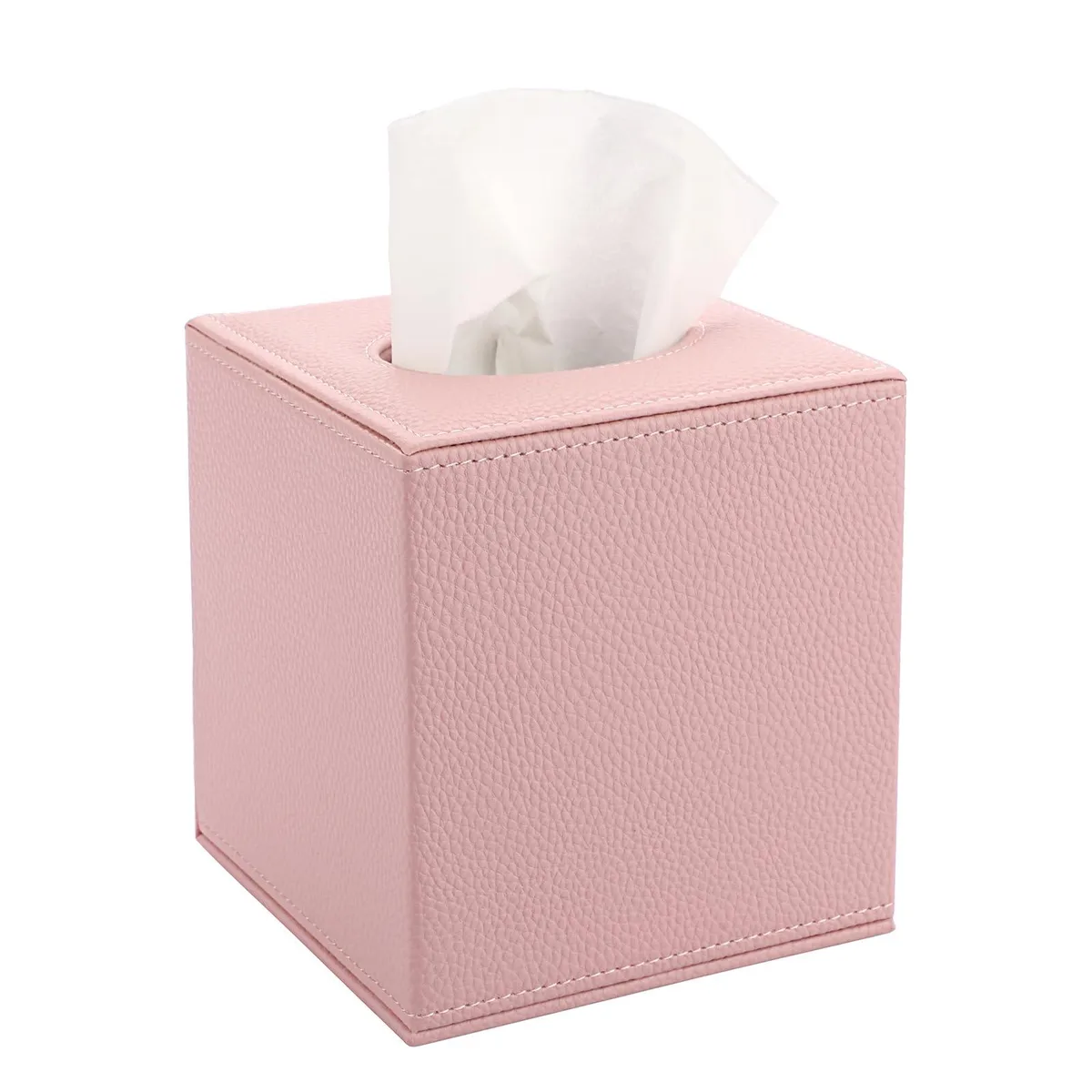 Pink square tissue box cover in PU leather with magnetic base