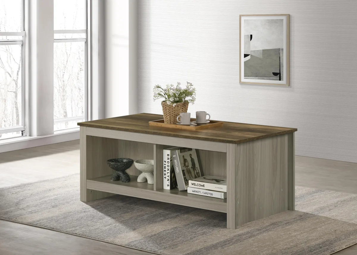 Gray oak coffee table, 43 inches wide, walnut top, open shelves front and back