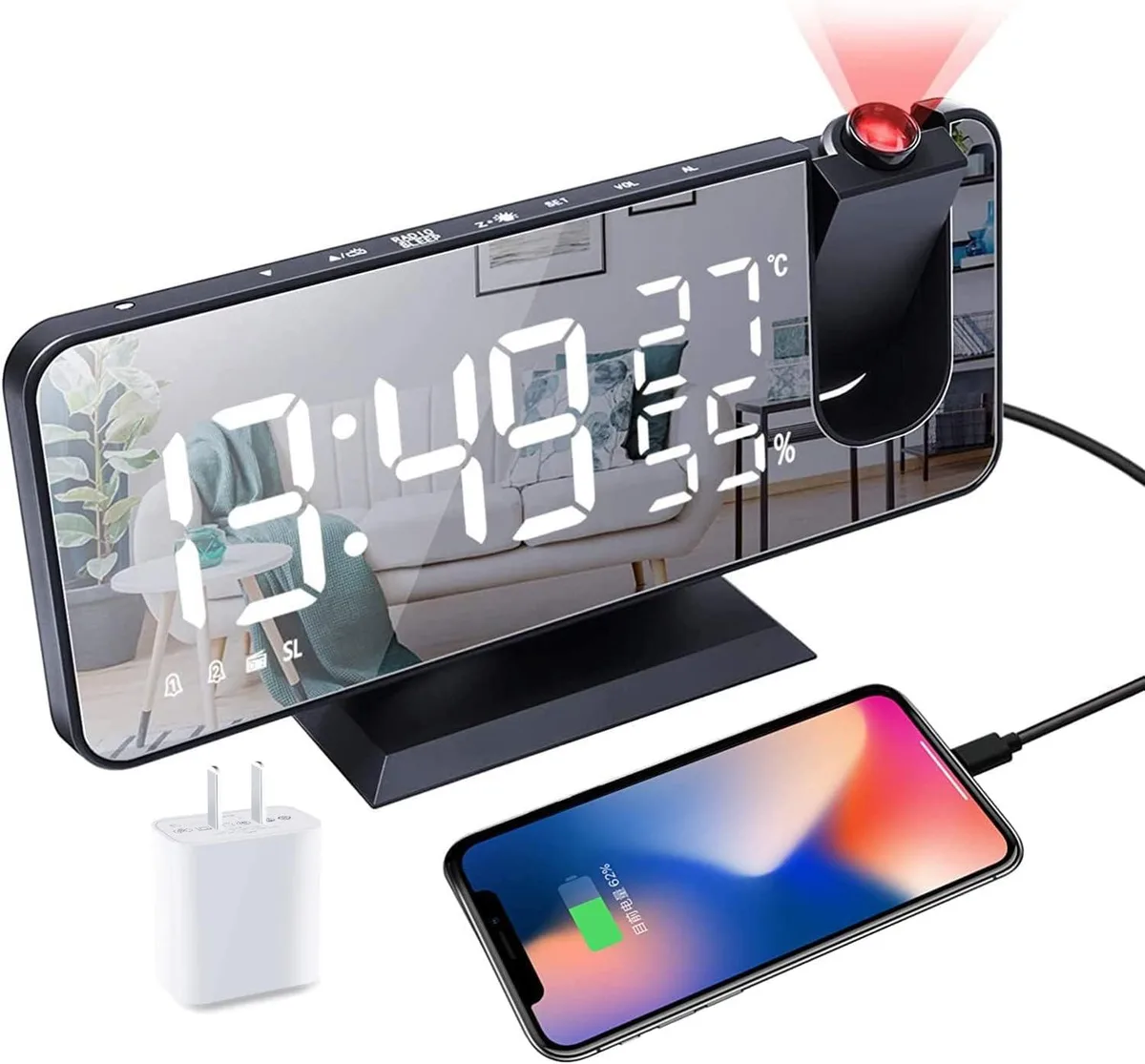 KEHIPI KEHIPI Projection Alarm Clock Black 7.3" LED USB Radio Temp Humidity — product photo