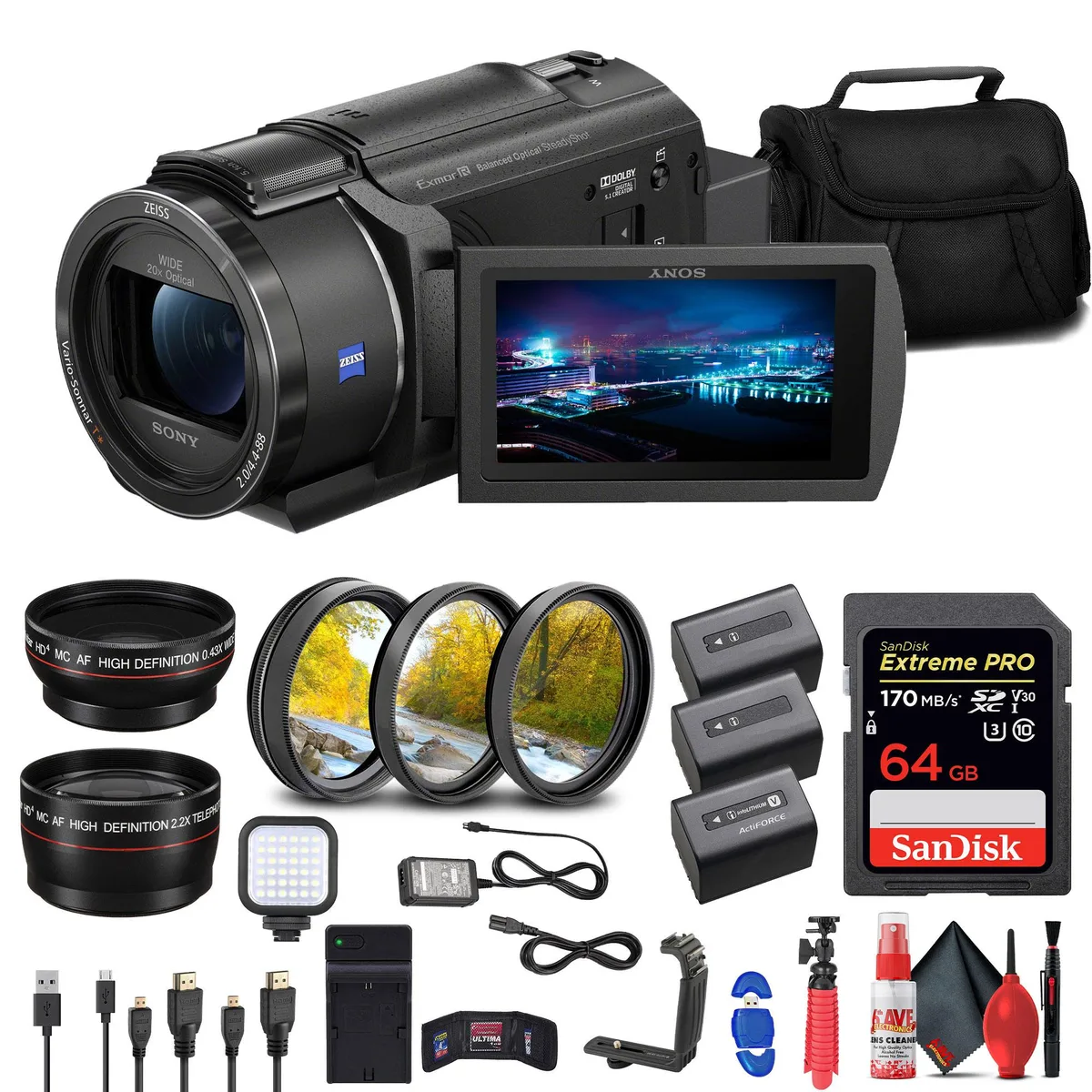Sony Sony FDR-AX43 UHD 4K Handycam Camcorder + 64GB Card + 2 x NP-FV70 Battery Bundle — product photo
