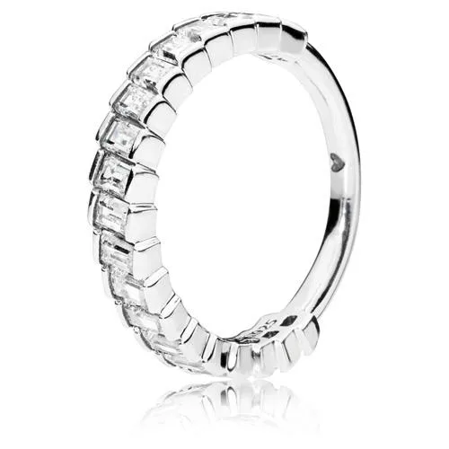 Sterling silver eternity ring with 19 bar-set baguette-cut clear cubic zirconia stones