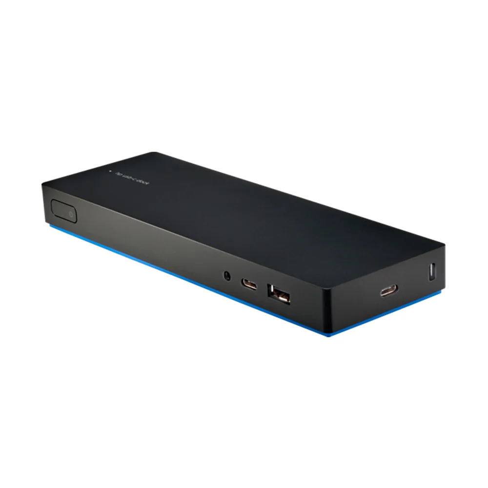Compact black rectangular docking station with front USB and audio ports, rear HDMI, DisplayPort, Ethernet and USB-C connections
