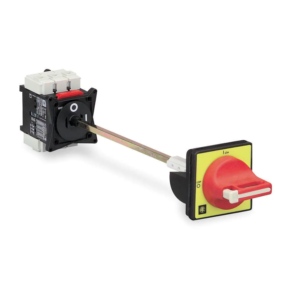 Red handle on grey enclosure with door interlock plate and extension shaft
