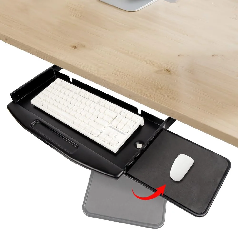 Black metal expandable keyboard tray with 360-degree rotating mouse platform, hanging mount