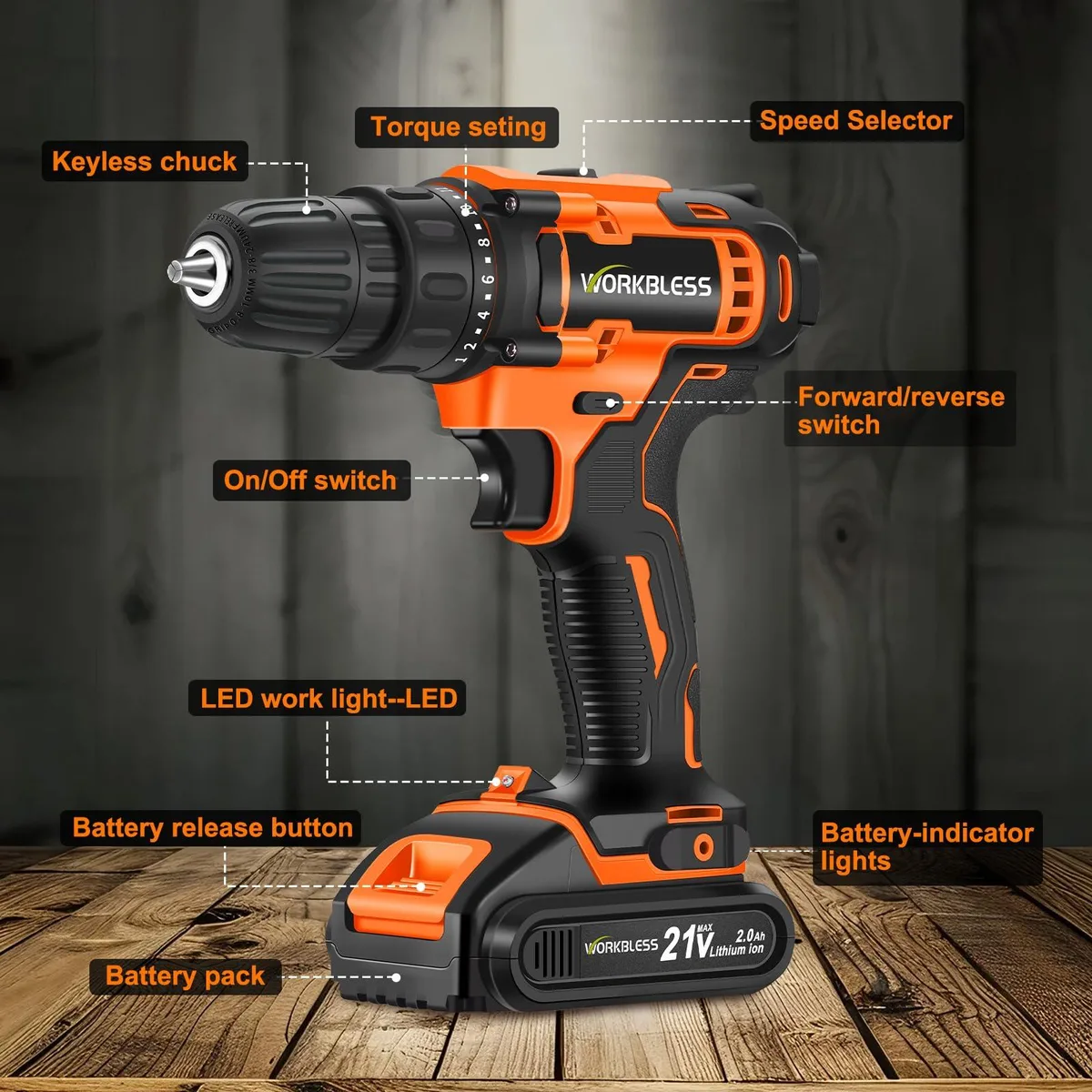 Orange cordless drill kit in case with two batteries and accessories