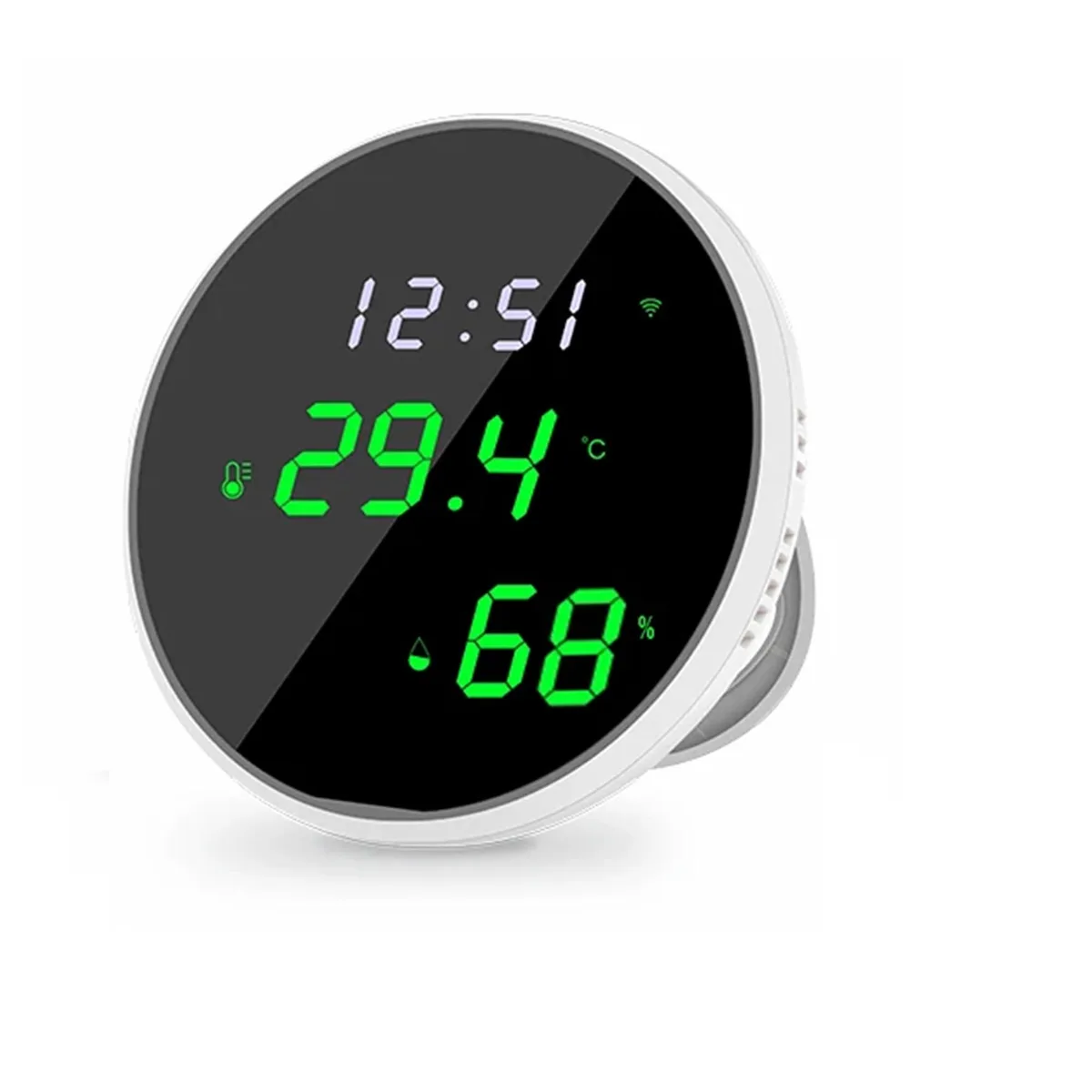Square white unit with LED display and USB cable