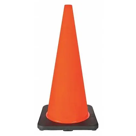 Fluorescent orange PVC traffic cone 28 in tall square black base 14 in wide