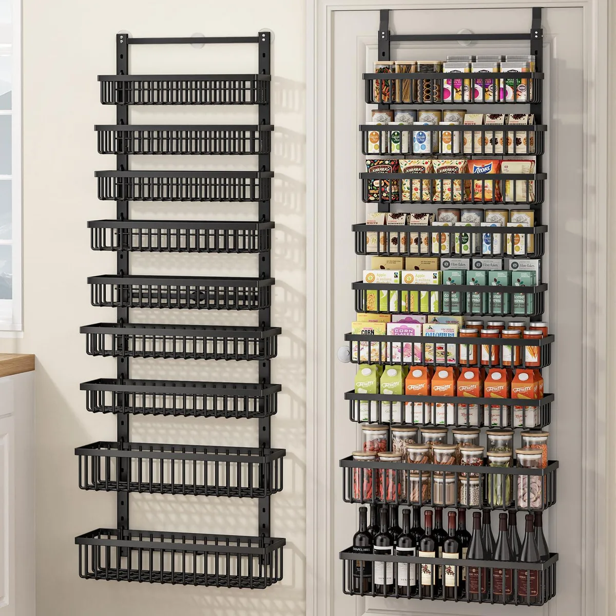 Red nine-tier over-door pantry organizer with adjustable deep baskets, plastic frame, modern style