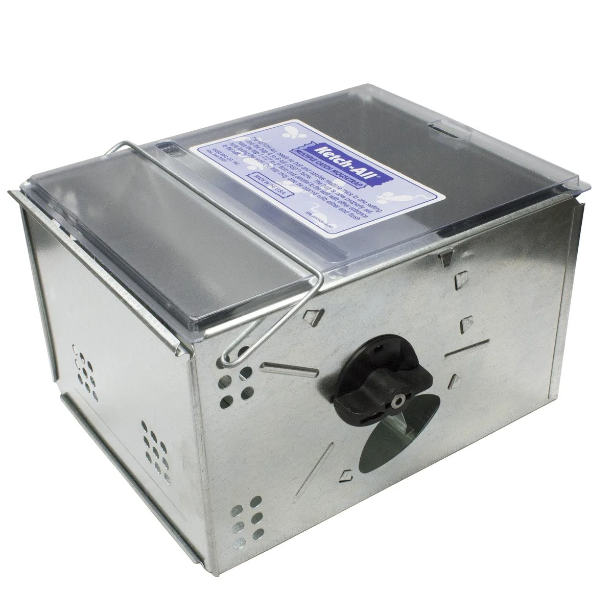 Galvanised steel box trap with clear lid, rectangular shape, wind-up mechanism visible