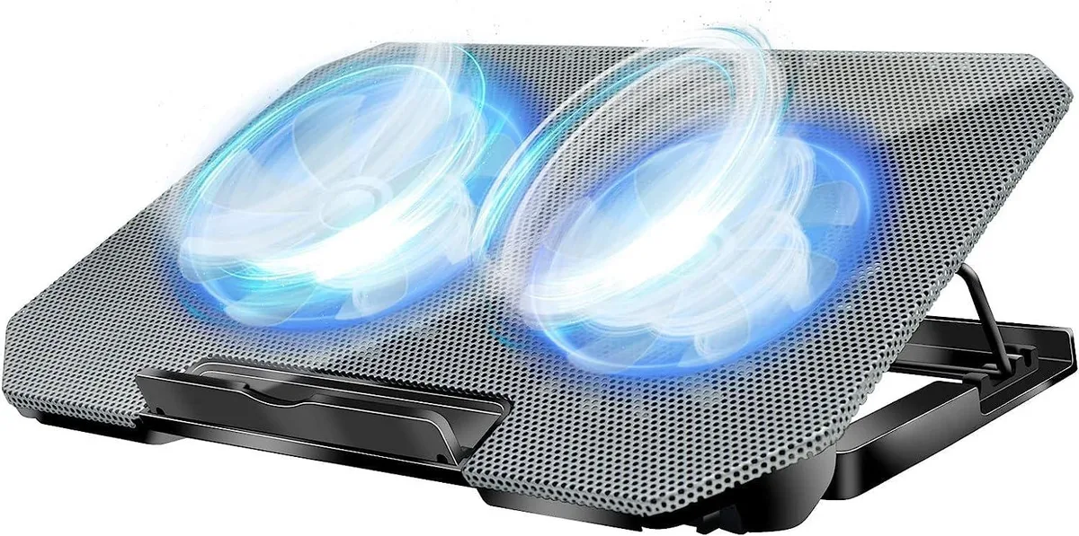 Silver laptop cooling pad with metal mesh surface, two fans, LED lights, two USB ports, adjustable height settings