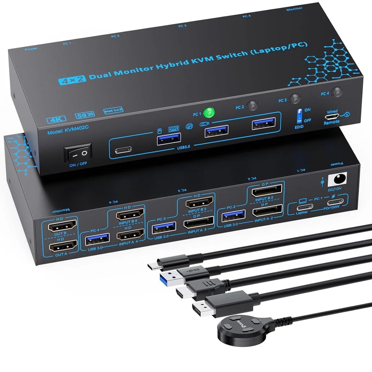 IHDAPP IHDAPP 2-Monitor 4-Computer 4-Port Hybrid USB-C KVM Switch — product photo