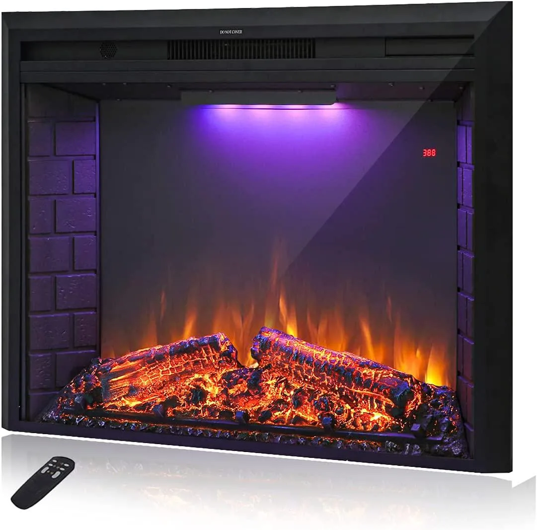 Black rectangular electric fireplace insert with resin logs and ember bed visible behind glass front