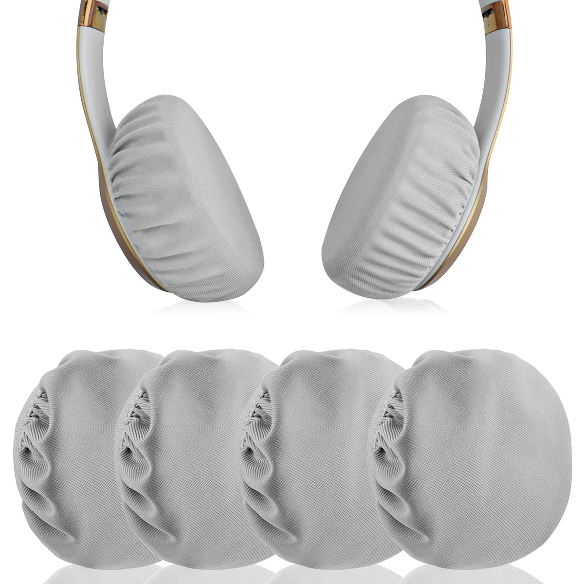 Two pairs of stretchable gray fabric earpad covers, flat and folded