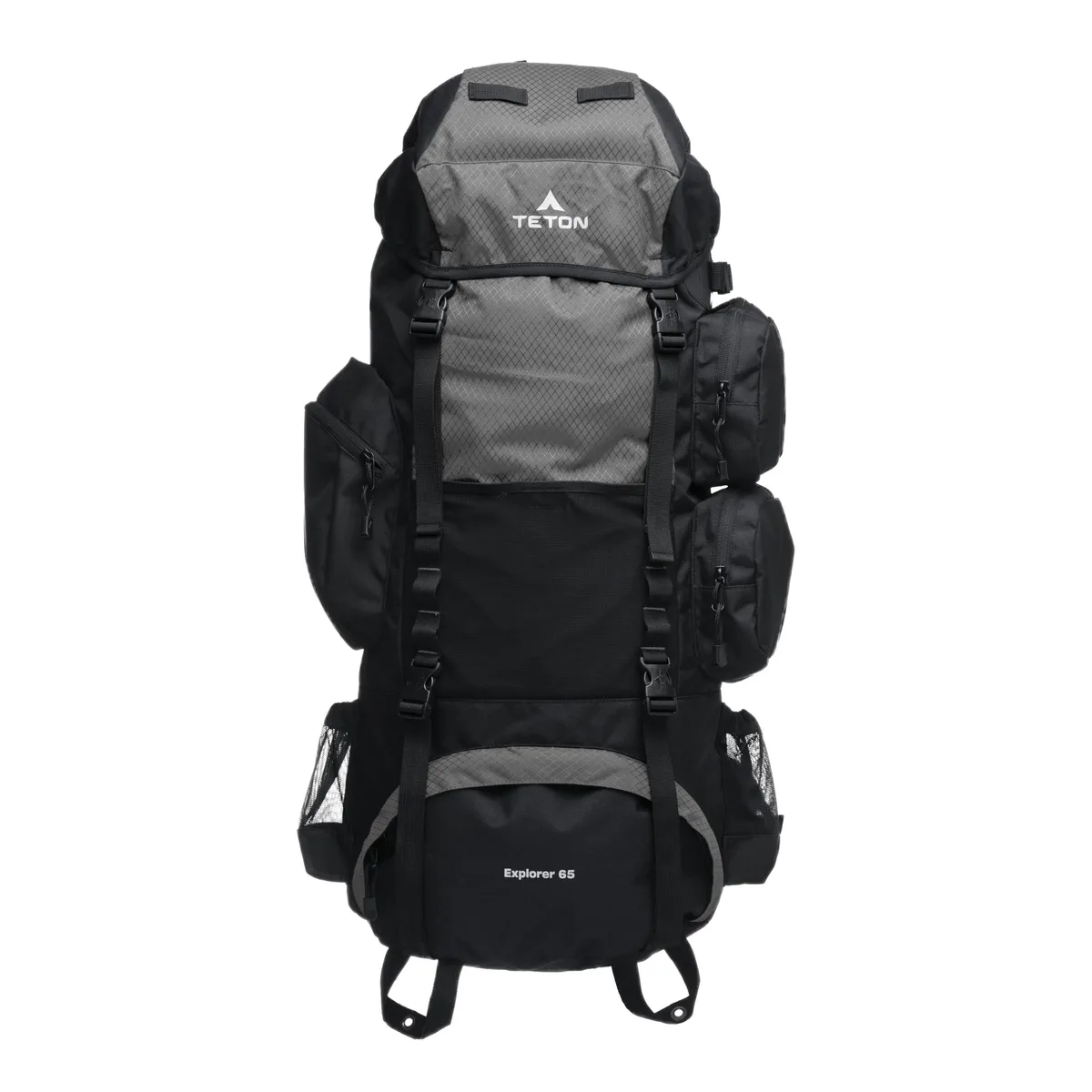 Graphite 65L internal-frame hiking backpack with rain cover, diamond ripstop fabric, adjustable torso and lumbar pad