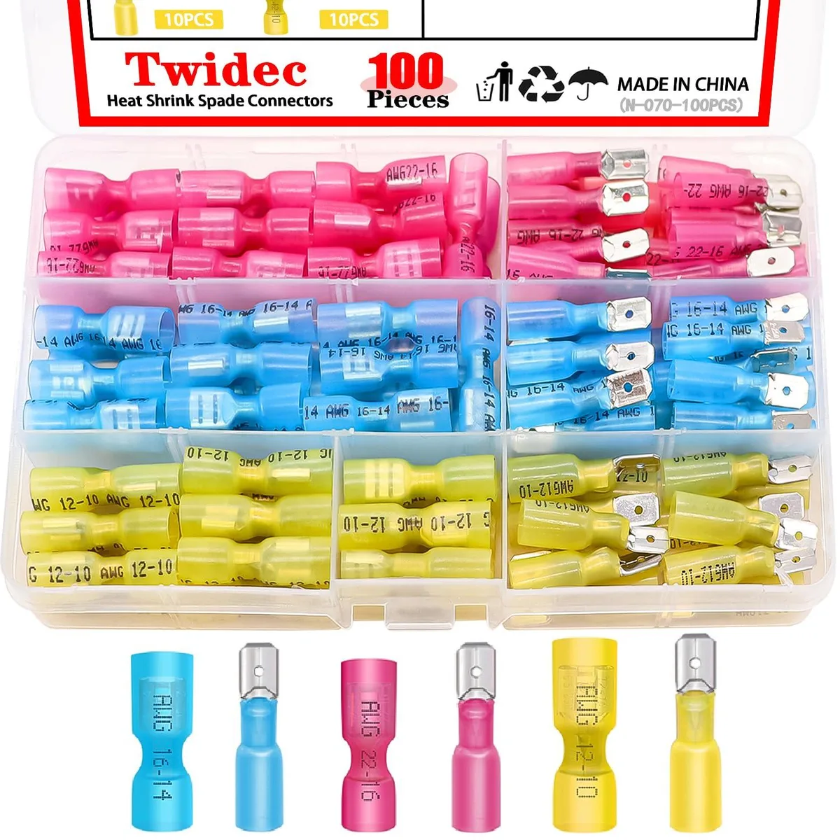  100PCS Heat Shrink Spade Connectors Kit 22-10 AWG — product photo