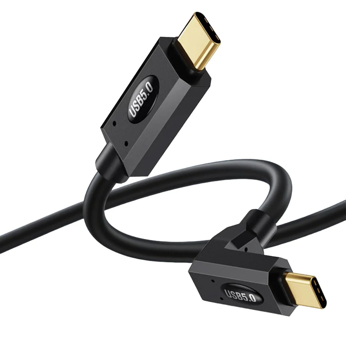 A 90-degree USB-C cable with angled connectors on both ends