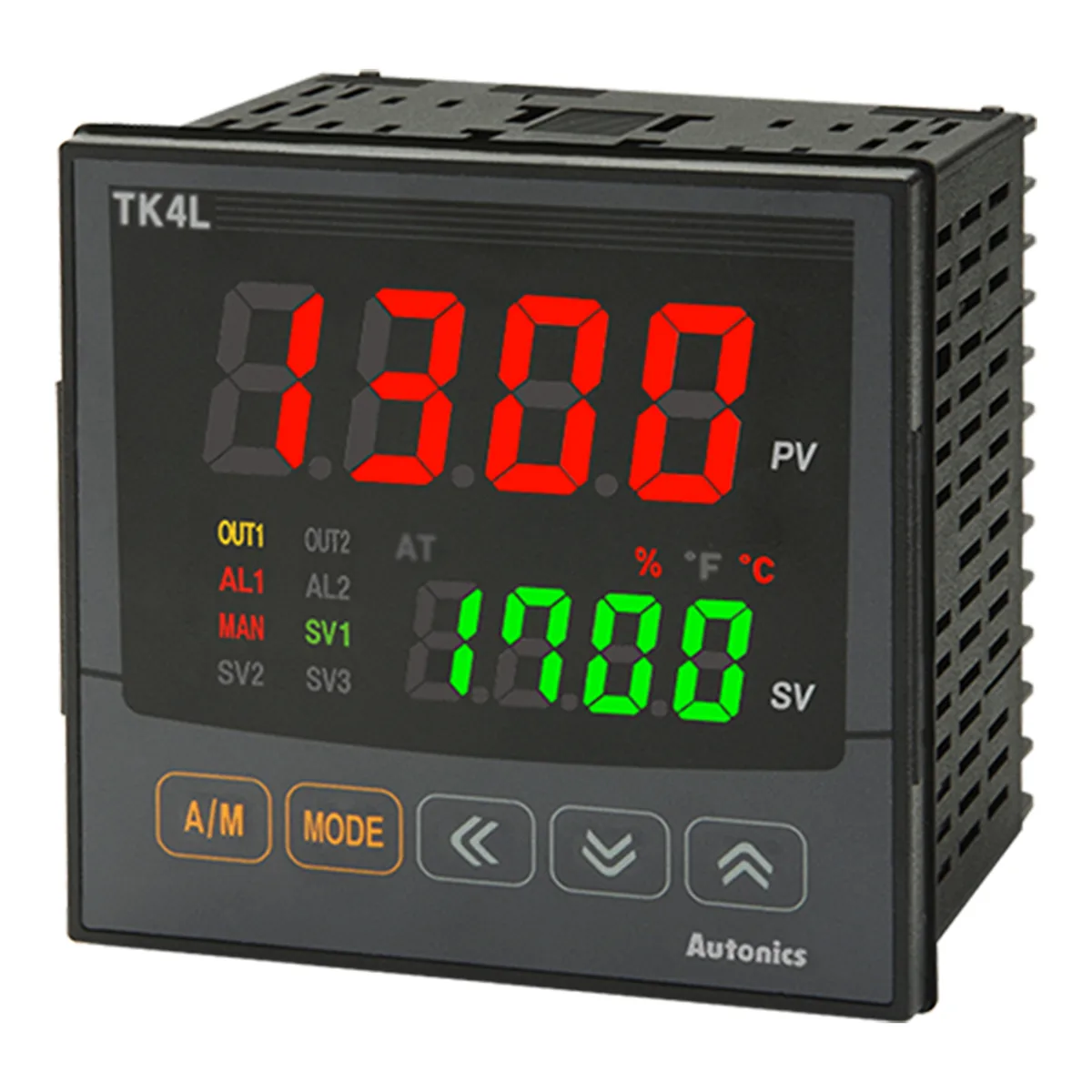 Red rectangular temperature controller with LED display and front panel controls